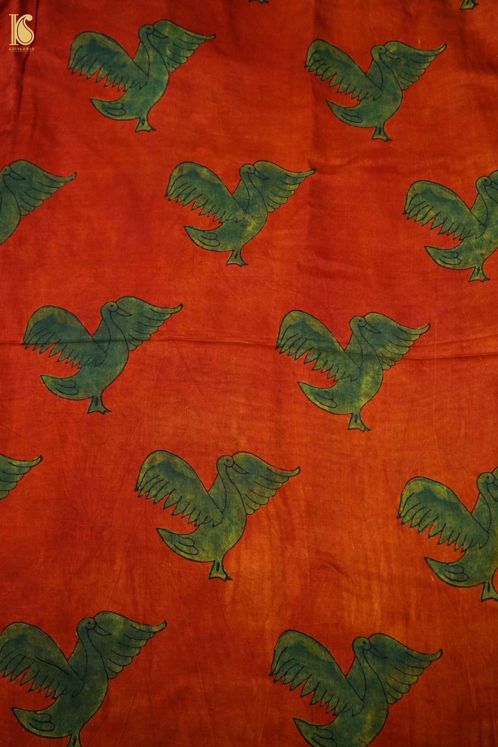 Gajji Silk Ajrakh Hand Block Eagle Fabric in Rust Red