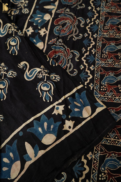Gajji Silk Ajrakh Hand Block Flamingo Bird Pakshi Saree in Black