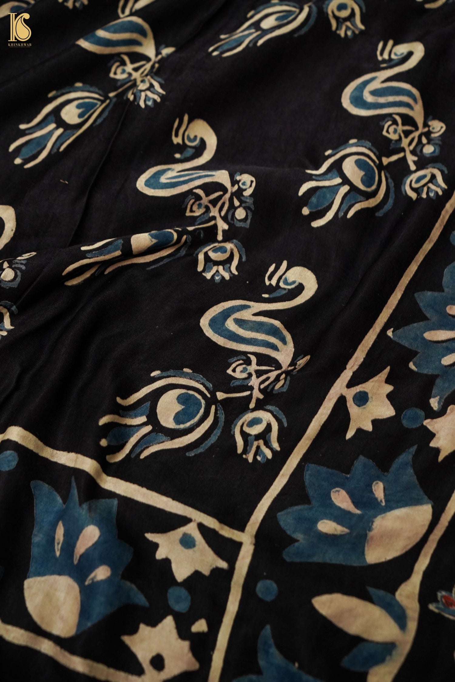 Gajji Silk Ajrakh Hand Block Flamingo Bird Pakshi Saree in Black