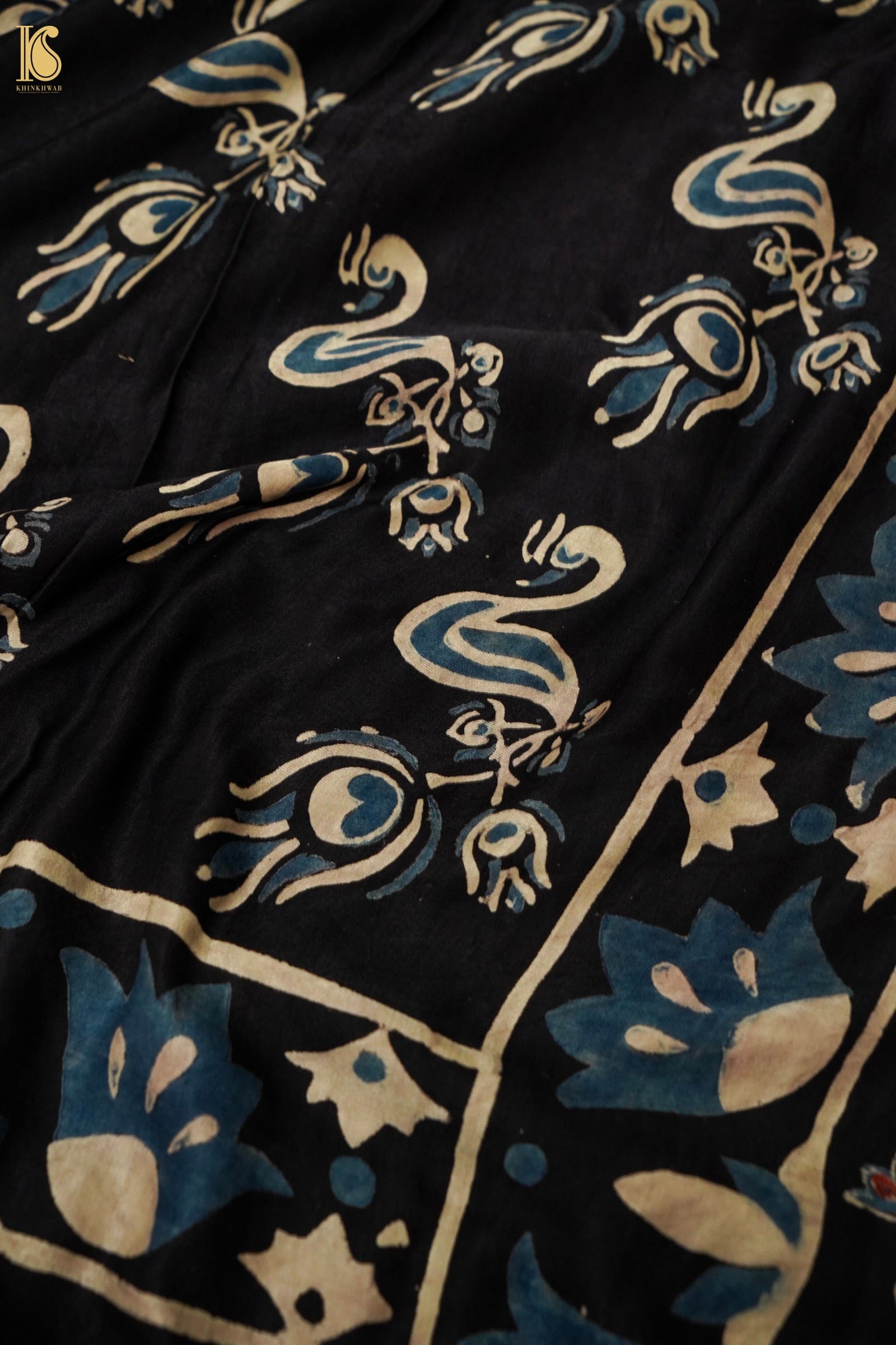 Gajji Silk Ajrakh Hand Block Flamingo Bird Pakshi Saree in Black