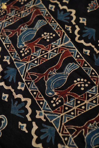 Gajji Silk Ajrakh Hand Block Flamingo Bird Pakshi Saree in Black