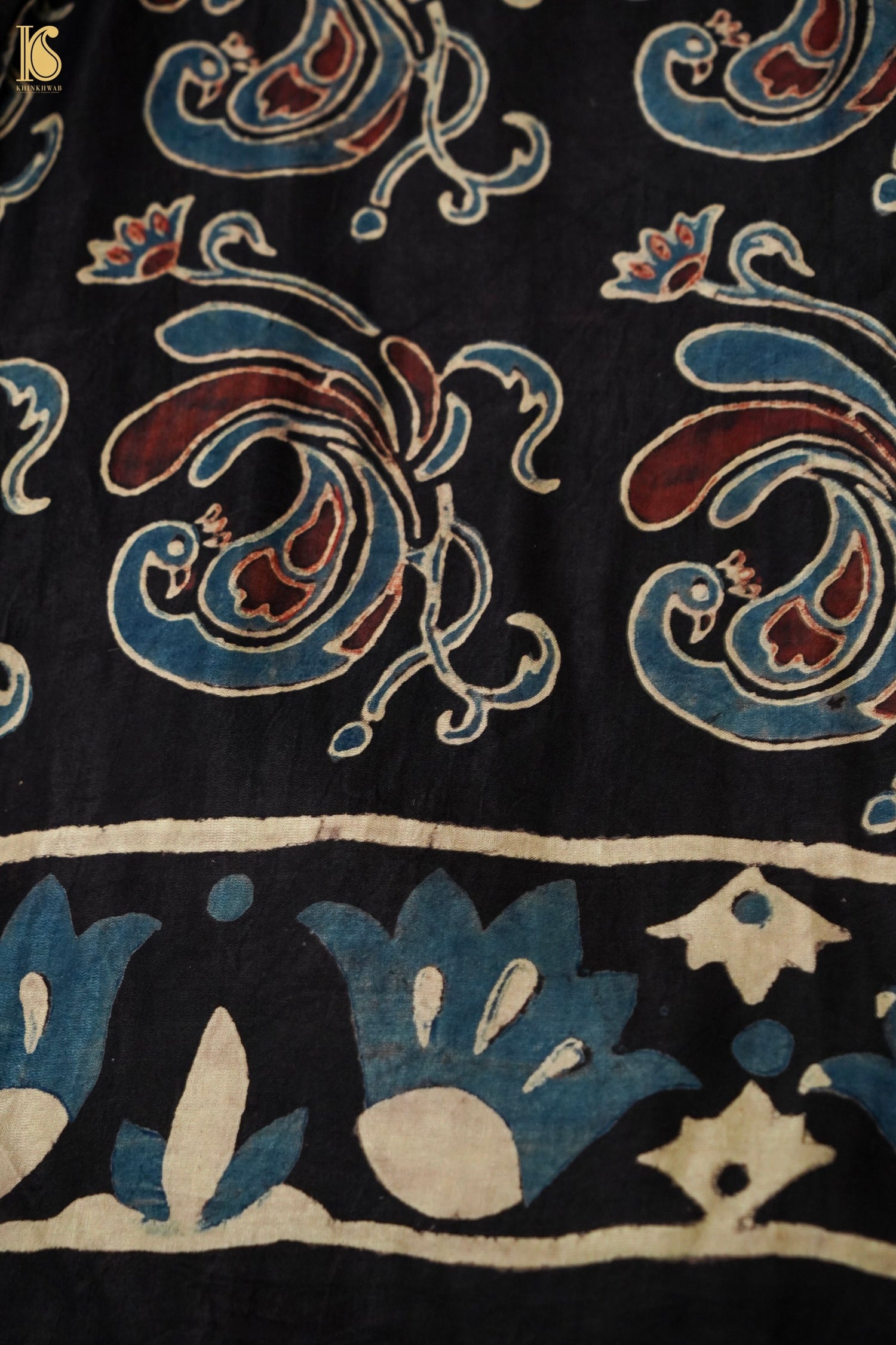 Gajji Silk Ajrakh Hand Block Flamingo Bird Pakshi Saree in Black