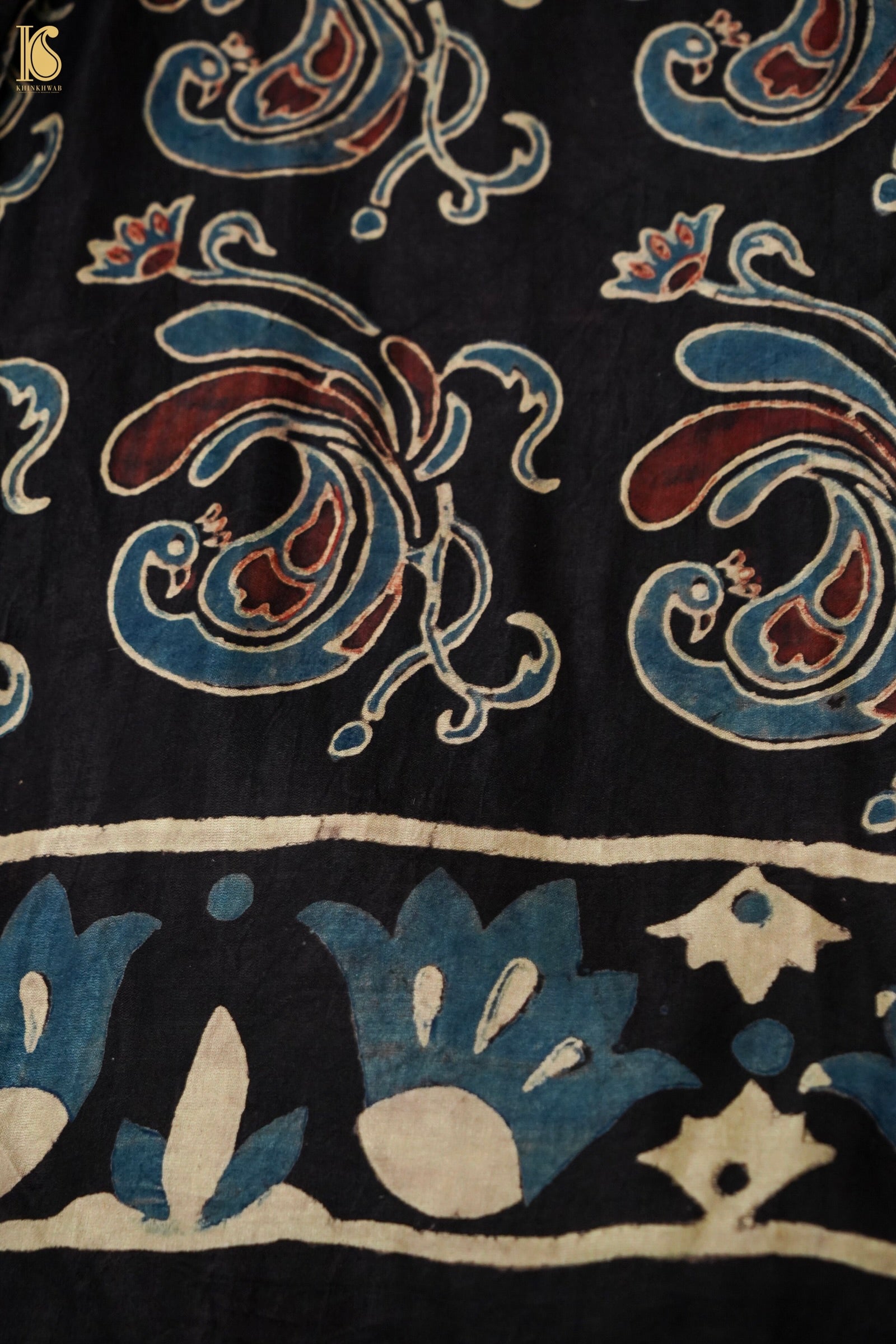 Gajji Silk Ajrakh Hand Block Flamingo Bird Pakshi Saree in Black