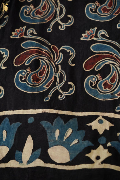 Gajji Silk Ajrakh Hand Block Flamingo Bird Pakshi Saree in Black
