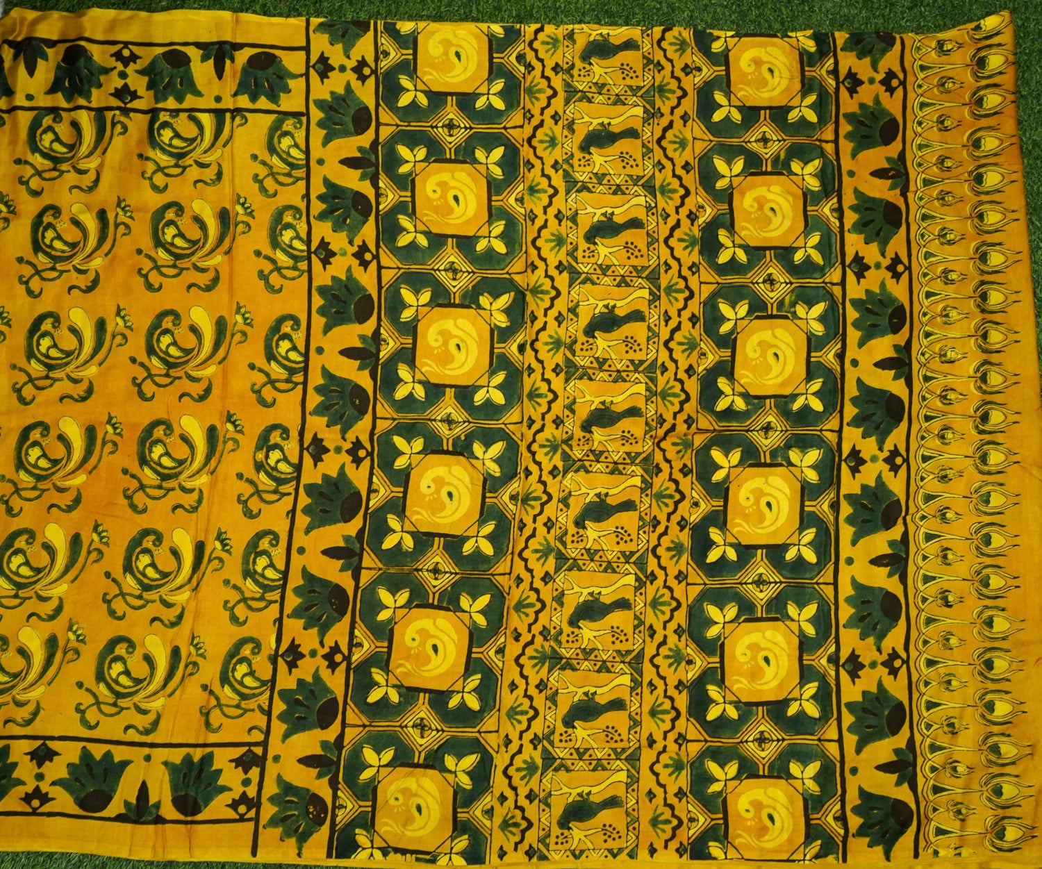 Gajji Silk Ajrakh Hand Block Floral Kalgha Pakshi Saree in Mustard