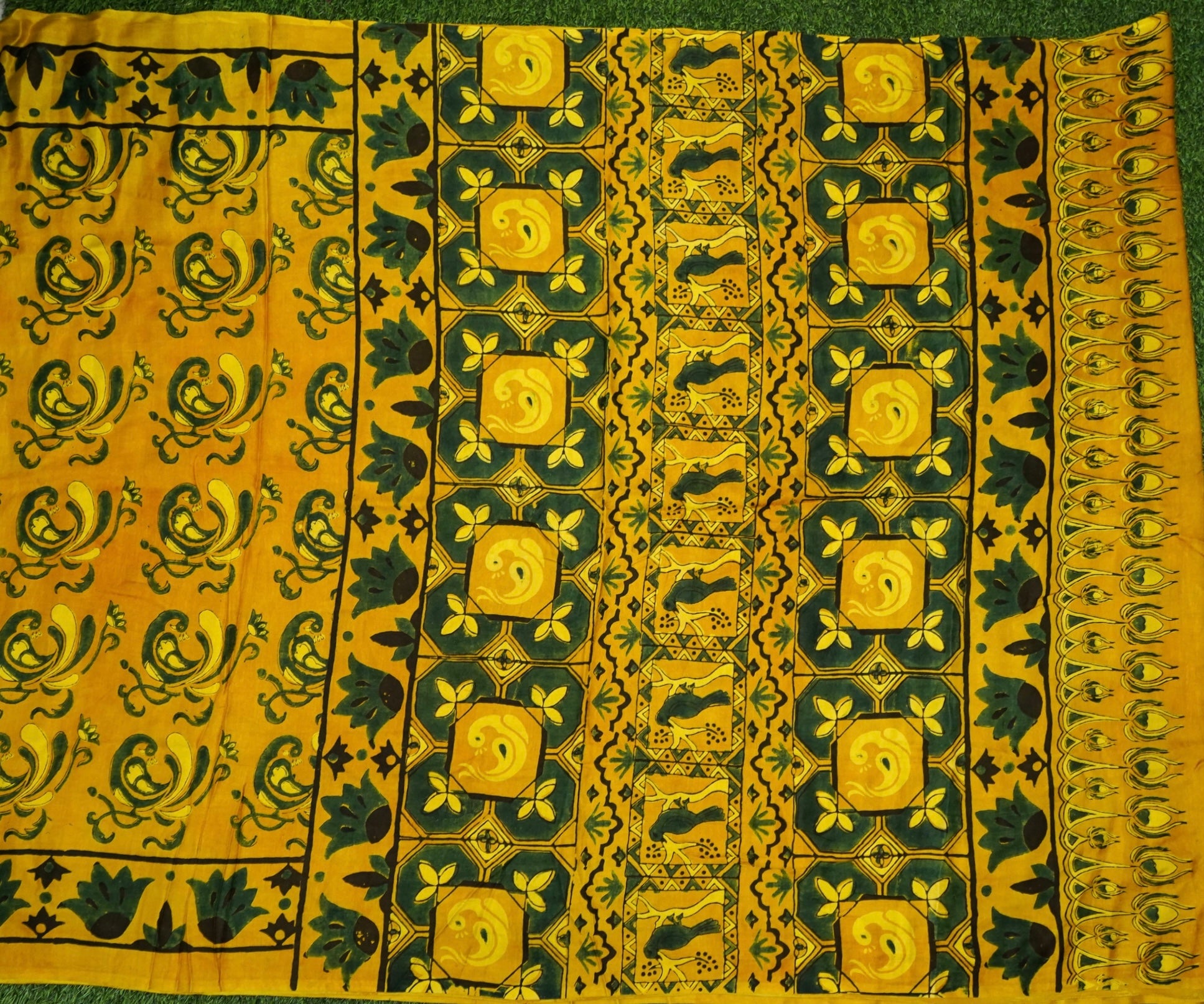 Gajji Silk Ajrakh Hand Block Floral Kalgha Pakshi Saree in Mustard