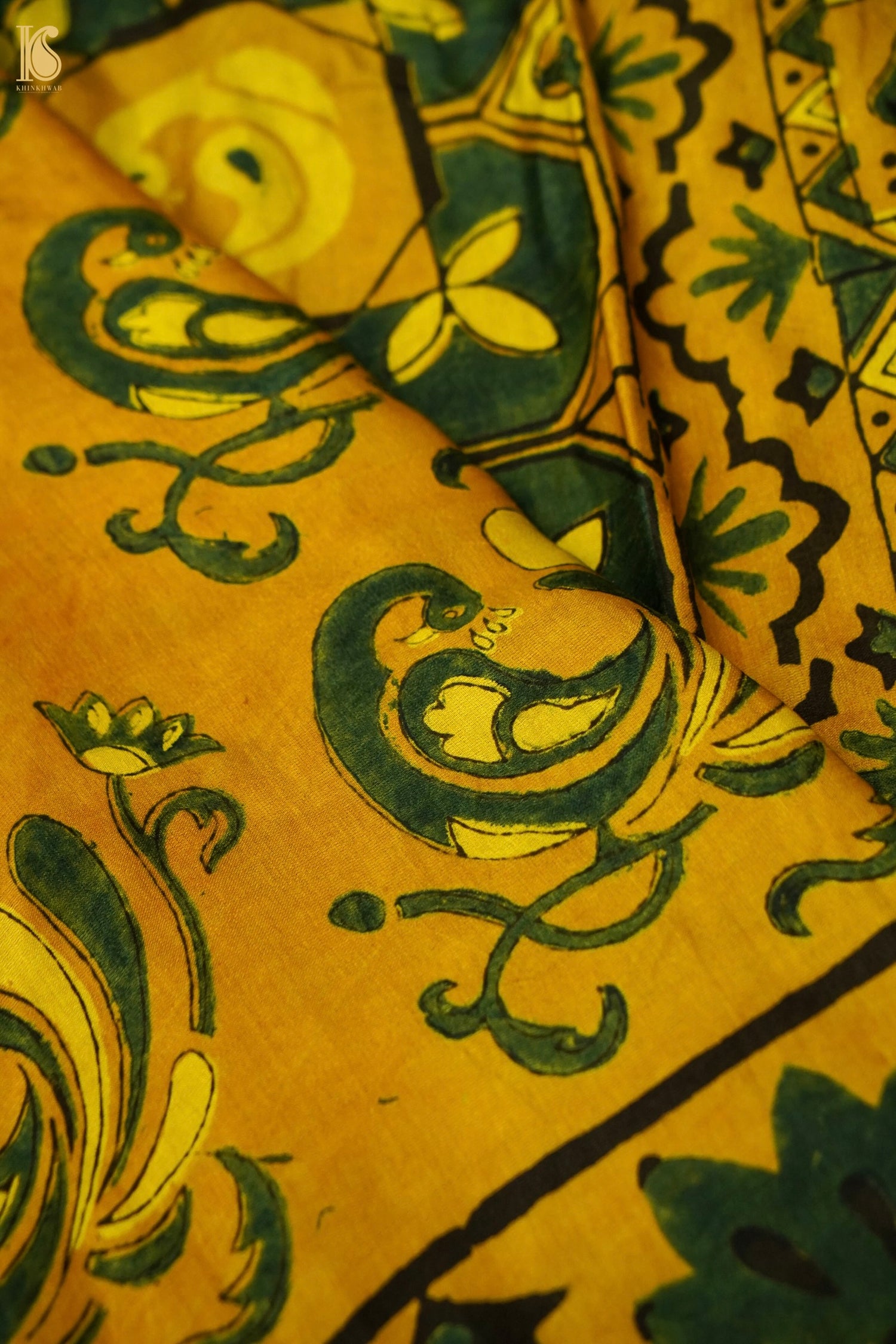 Gajji Silk Ajrakh Hand Block Floral Kalgha Pakshi Saree in Mustard