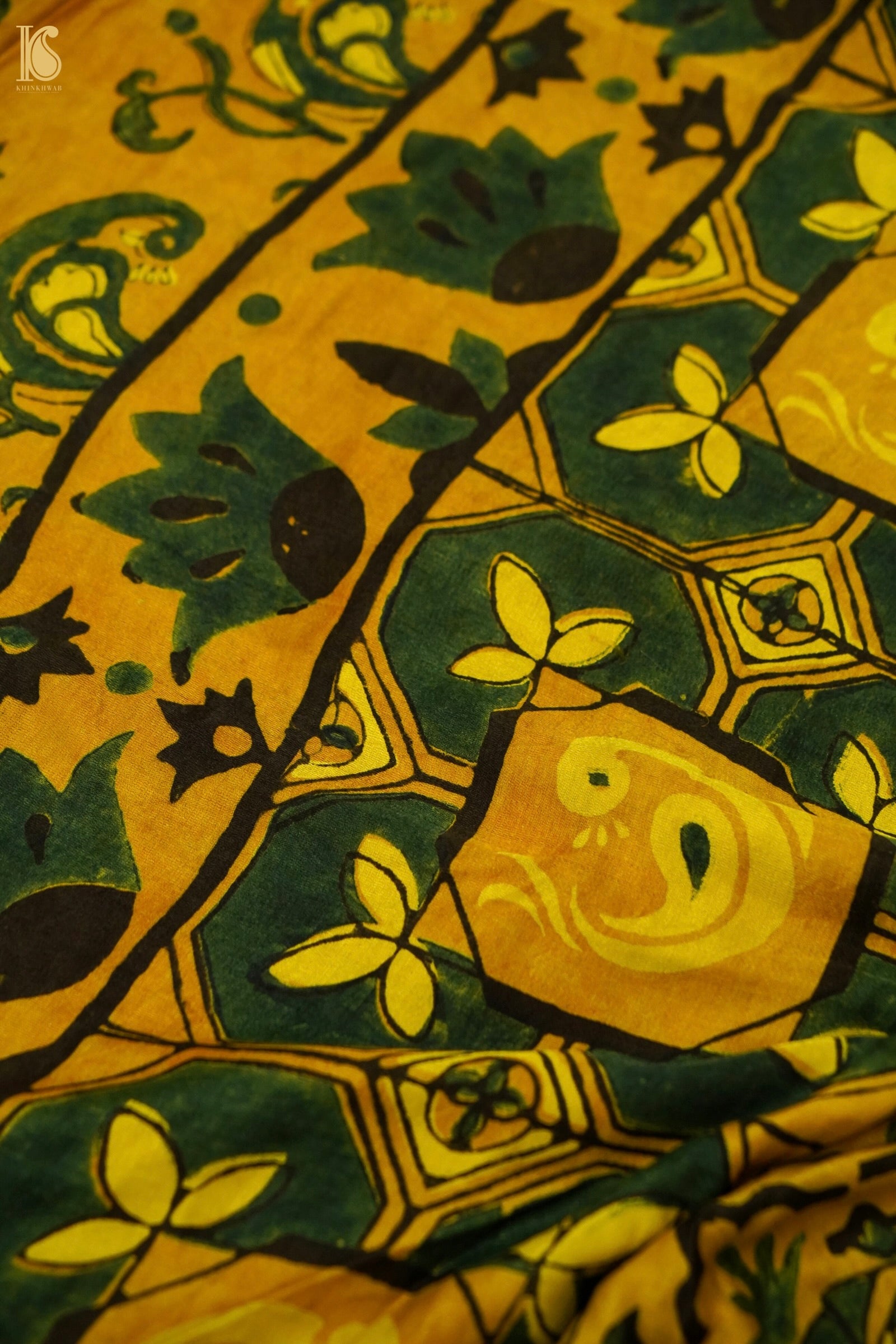 Gajji Silk Ajrakh Hand Block Floral Kalgha Pakshi Saree in Mustard