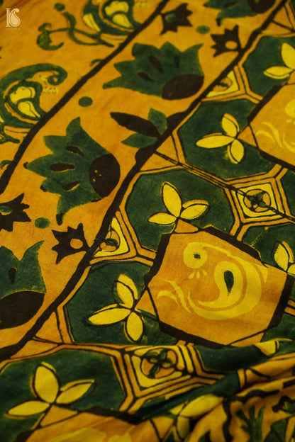 Gajji Silk Ajrakh Hand Block Floral Kalgha Pakshi Saree in Mustard