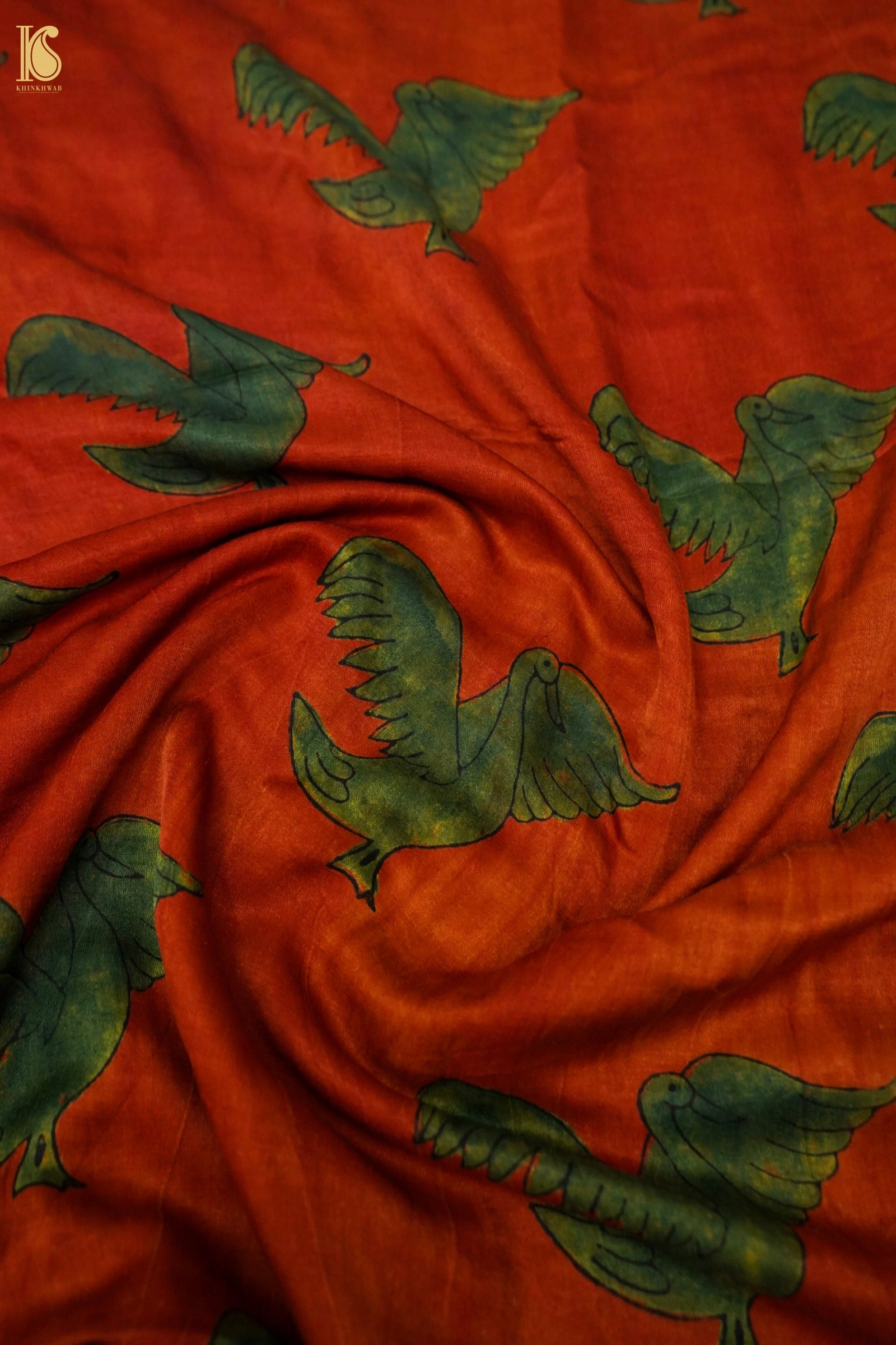 Gajji Silk Ajrakh Hand Block Eagle Fabric in Rust Red