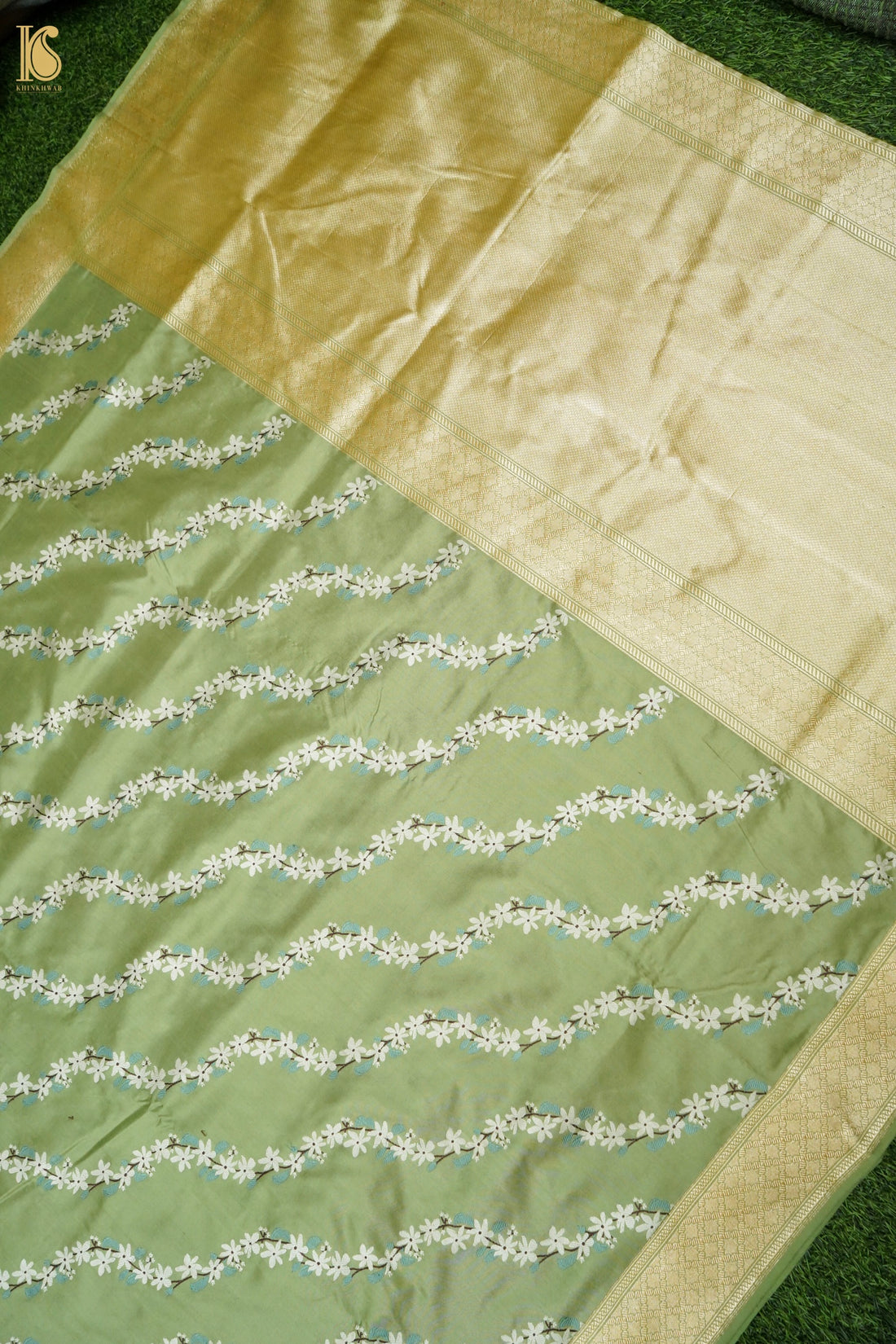 Katan Silk Kadwa Chameli Bel Handwoven Banarasi Saree in Sage Green