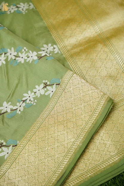 Katan Silk Kadwa Chameli Bel Handwoven Banarasi Saree in Sage Green