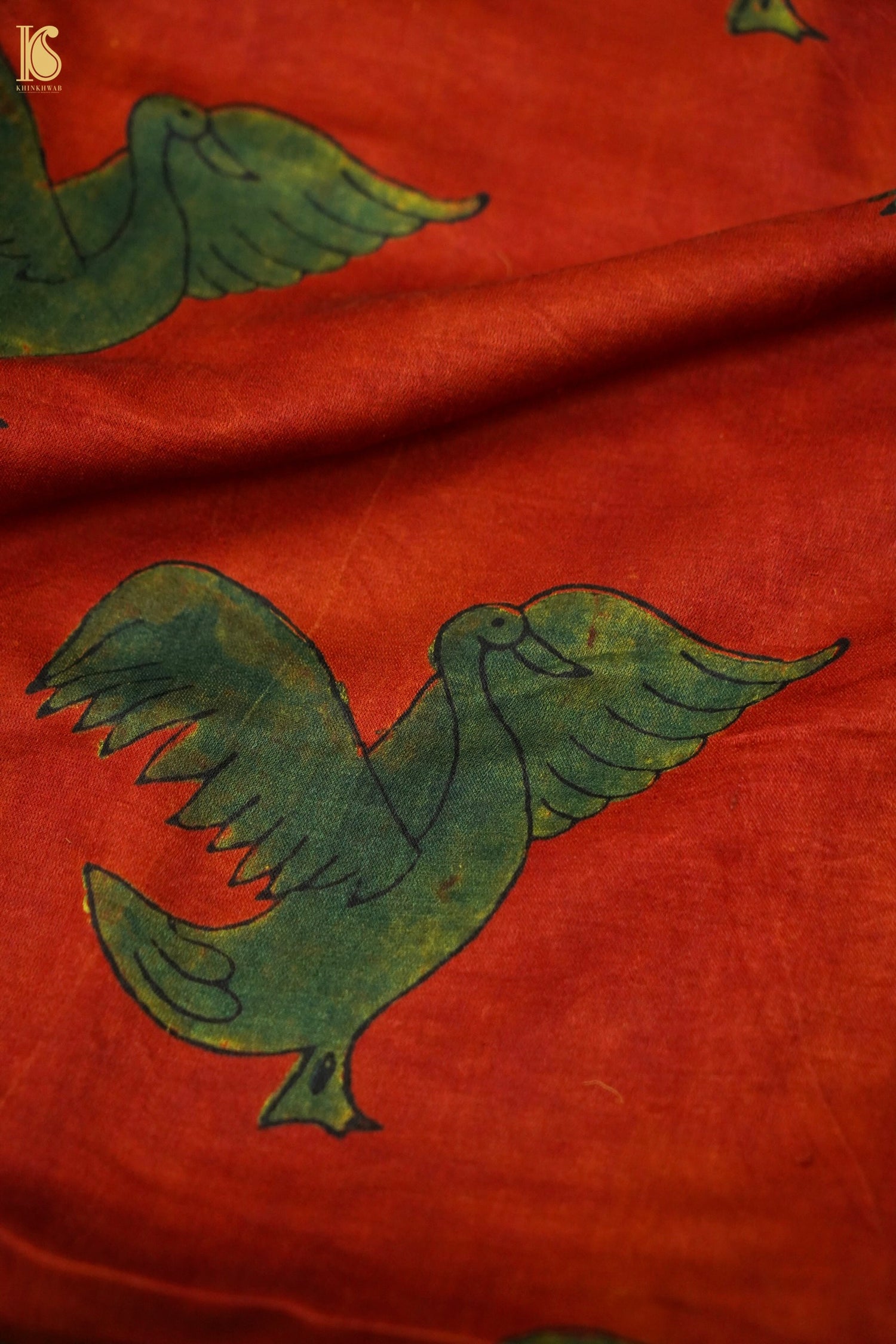 Gajji Silk Ajrakh Hand Block Eagle Fabric in Rust Red