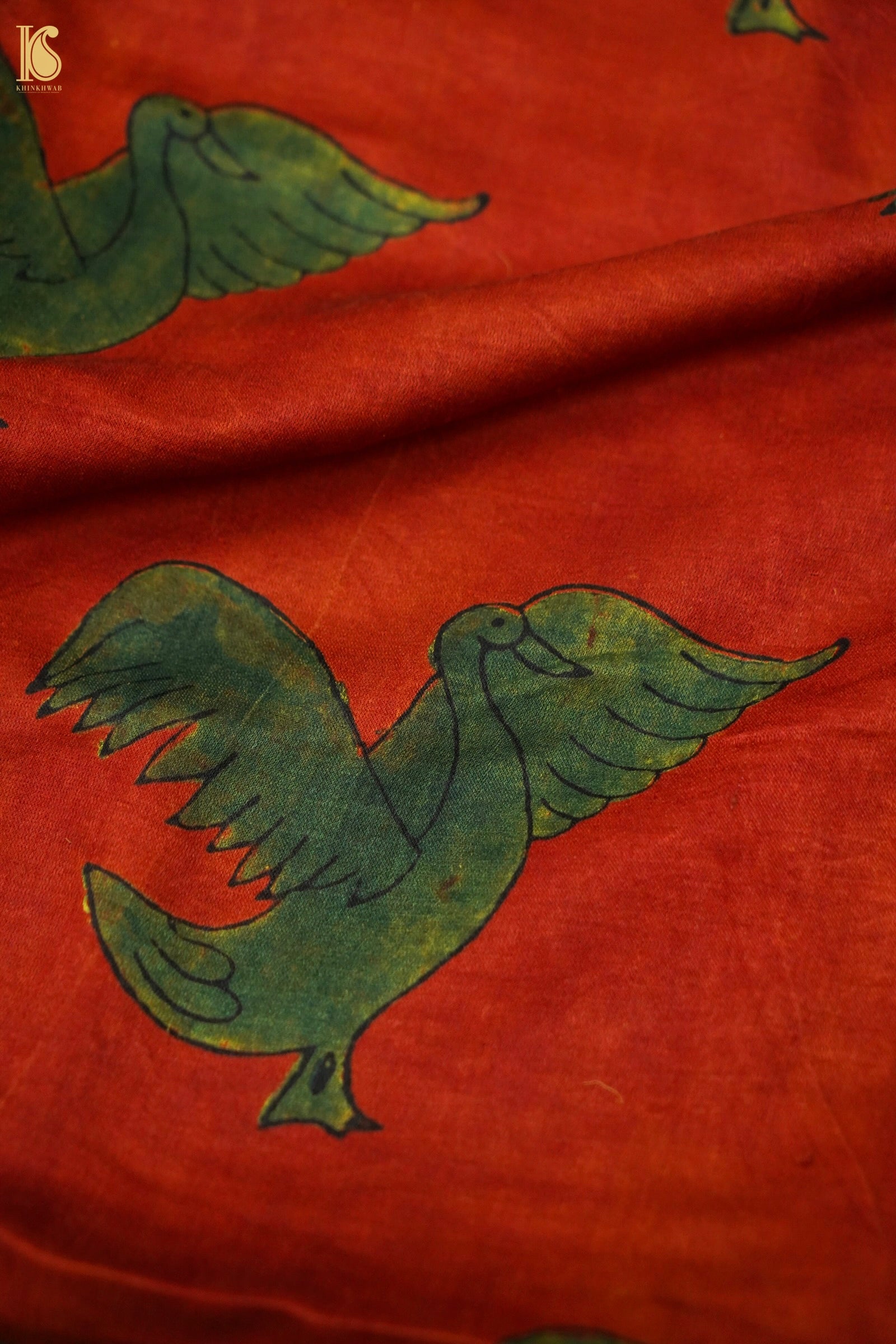 Gajji Silk Ajrakh Hand Block Eagle Fabric in Rust Red
