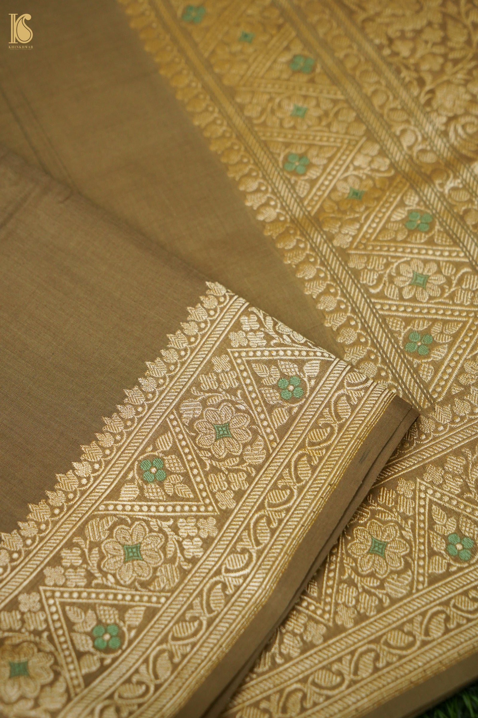 Cotton Kadwa Meenakari Handwoven Banarasi Saree in Khaki Gold