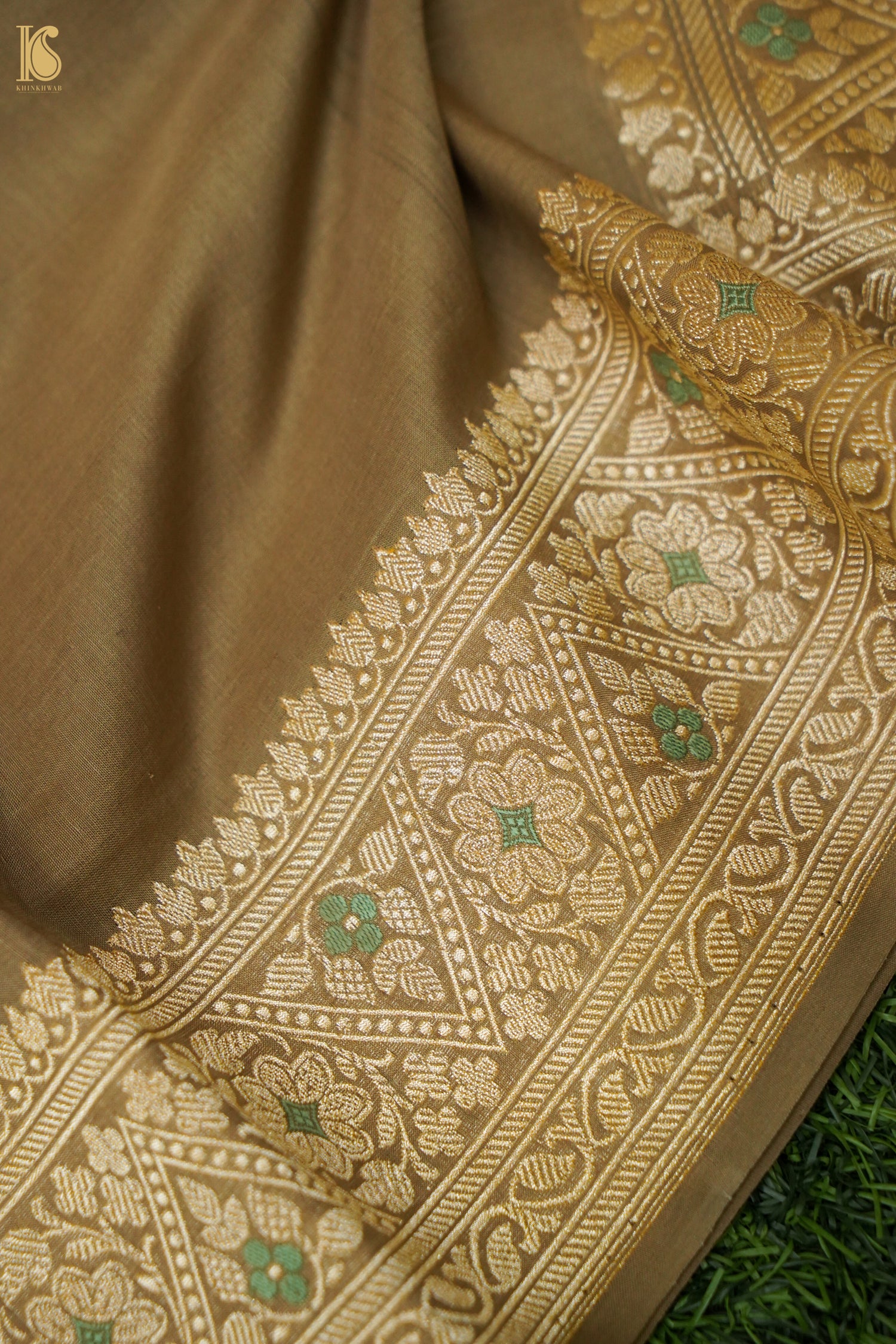 Cotton Kadwa Meenakari Handwoven Banarasi Saree in Khaki Gold