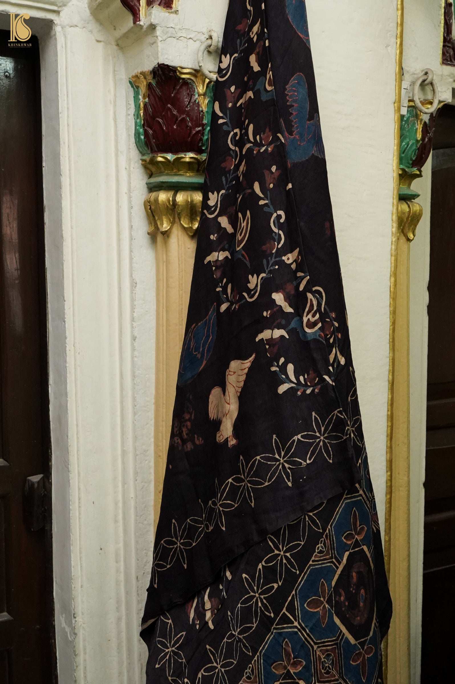 Gajji Silk Ajrakh Hand Block Swan Pakshi Dupatta in Black