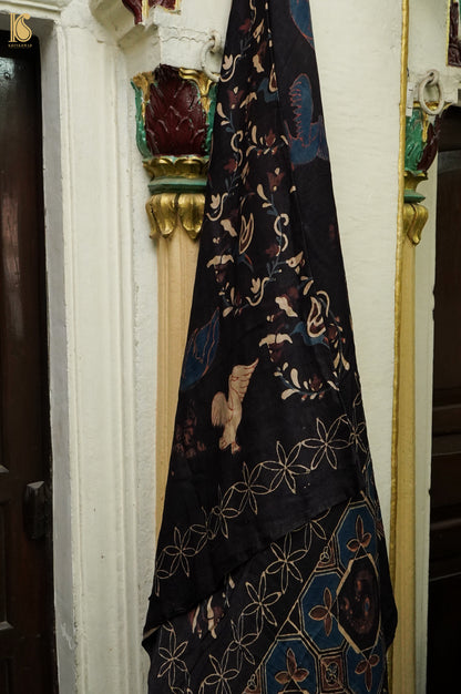 Gajji Silk Ajrakh Hand Block Swan Pakshi Dupatta in Black