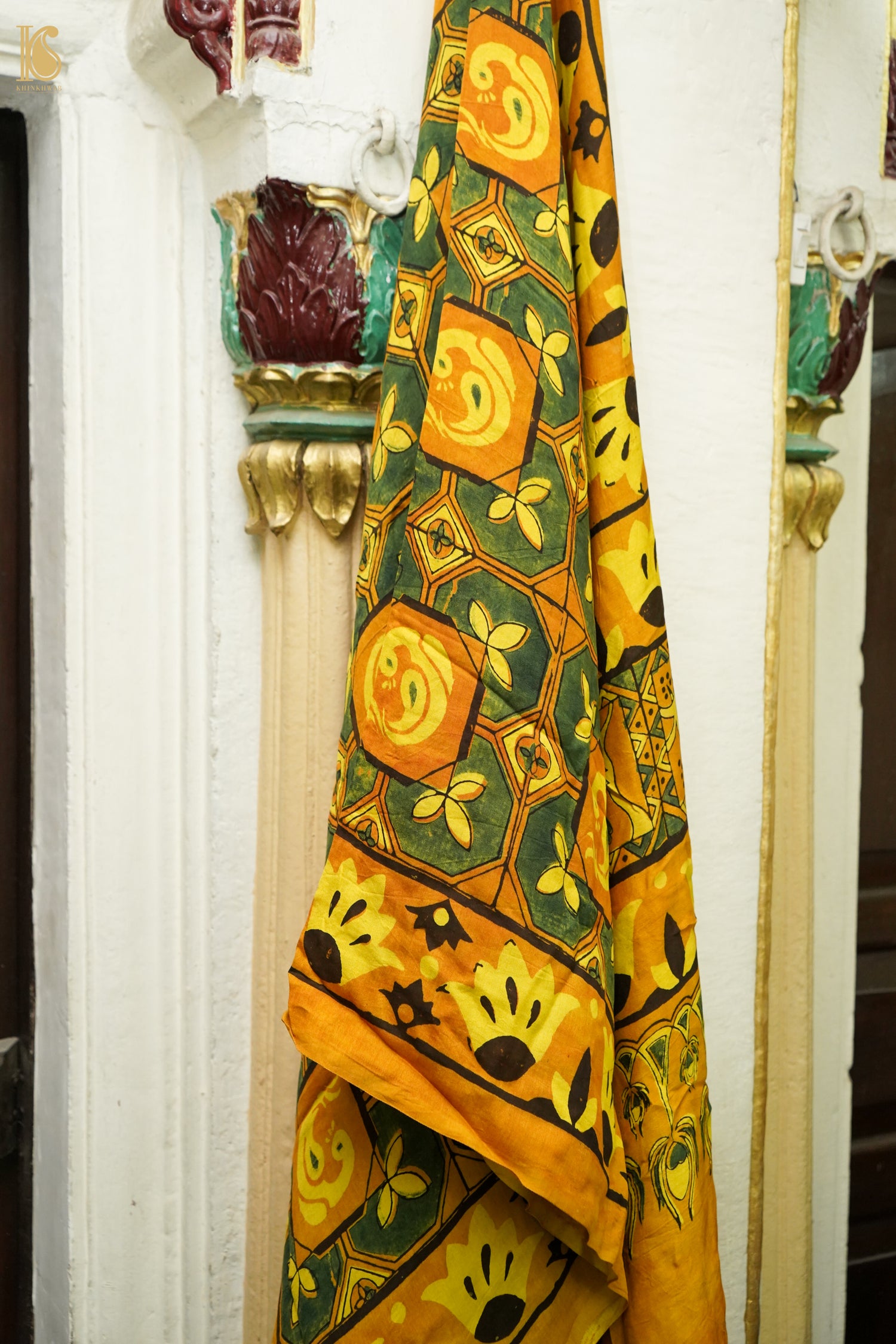 Gajji Silk Ajrakh Hand Block Octagon Bird Pakshi Dupatta in Mustard