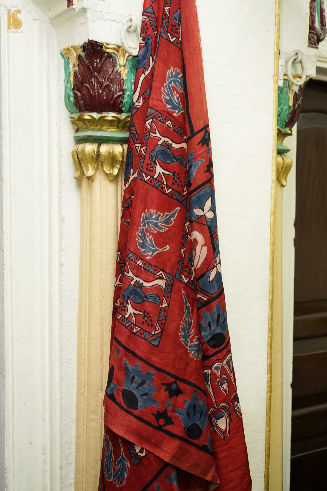 Gajji Silk Ajrakh Hand Block Bird Charkhana Pakshi Dupatta in Rust Red