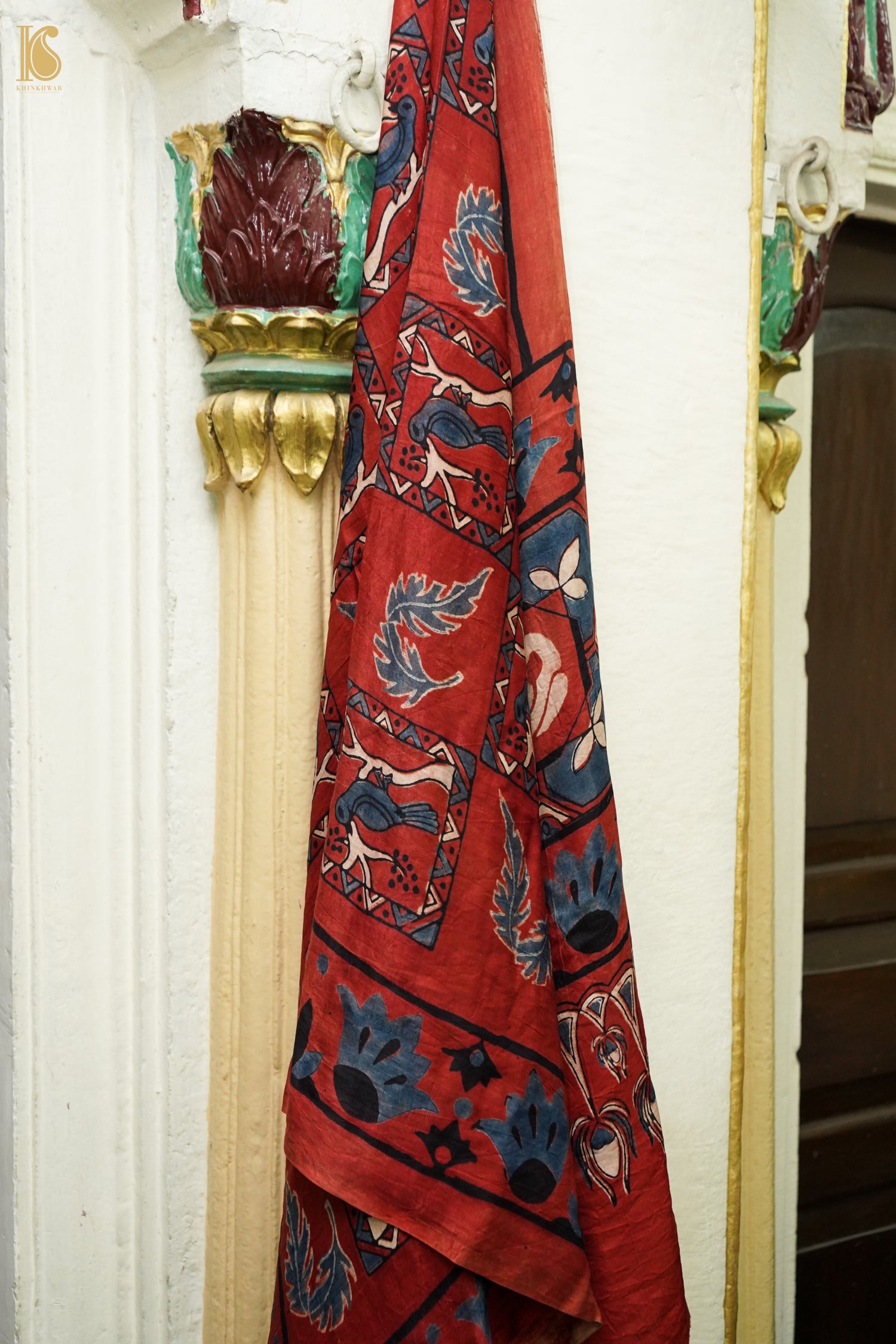 Gajji Silk Ajrakh Hand Block Bird Charkhana Pakshi Dupatta in Rust Red