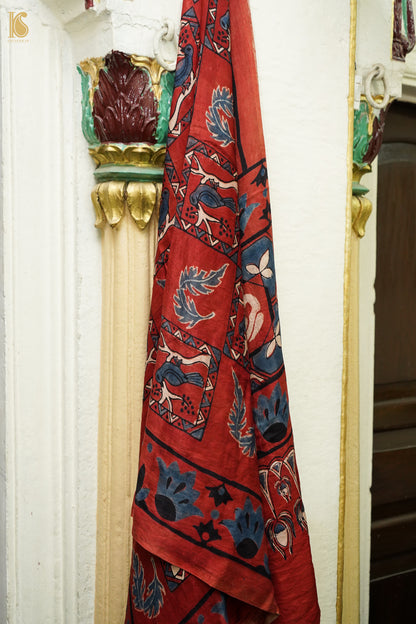 Gajji Silk Ajrakh Hand Block Bird Charkhana Pakshi Dupatta in Rust Red