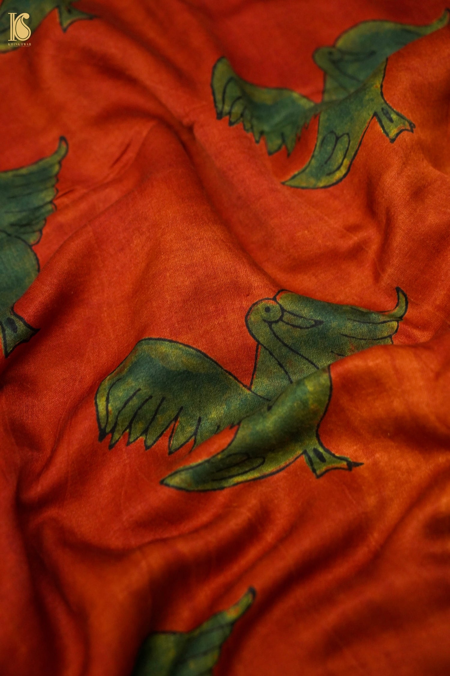 Gajji Silk Ajrakh Hand Block Eagle Fabric in Rust Red