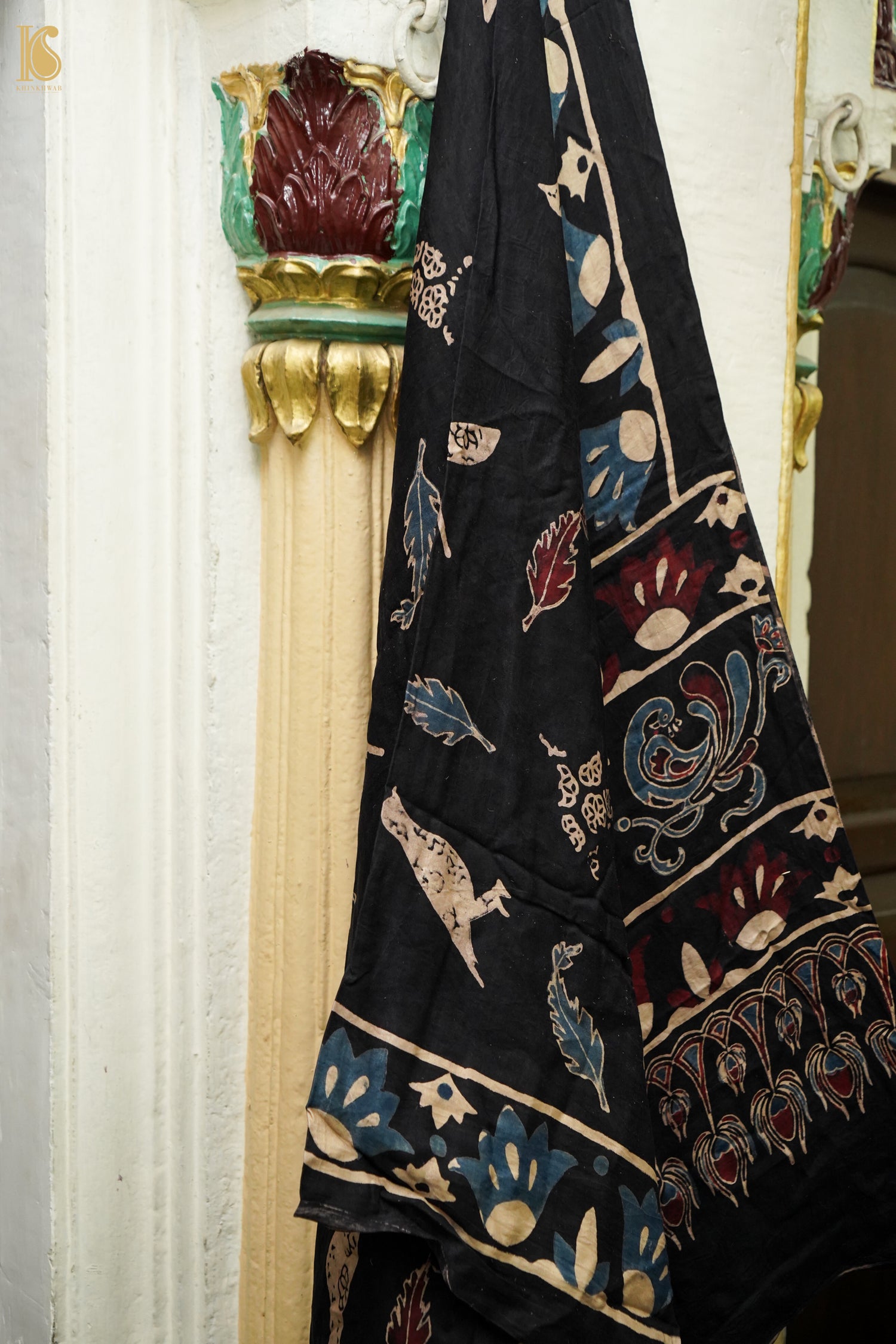 Gajji Silk Ajrakh Hand Block Bird Feather Pakshi Dupatta in Black