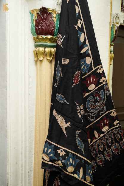 Gajji Silk Ajrakh Hand Block Bird Feather Pakshi Dupatta in Black