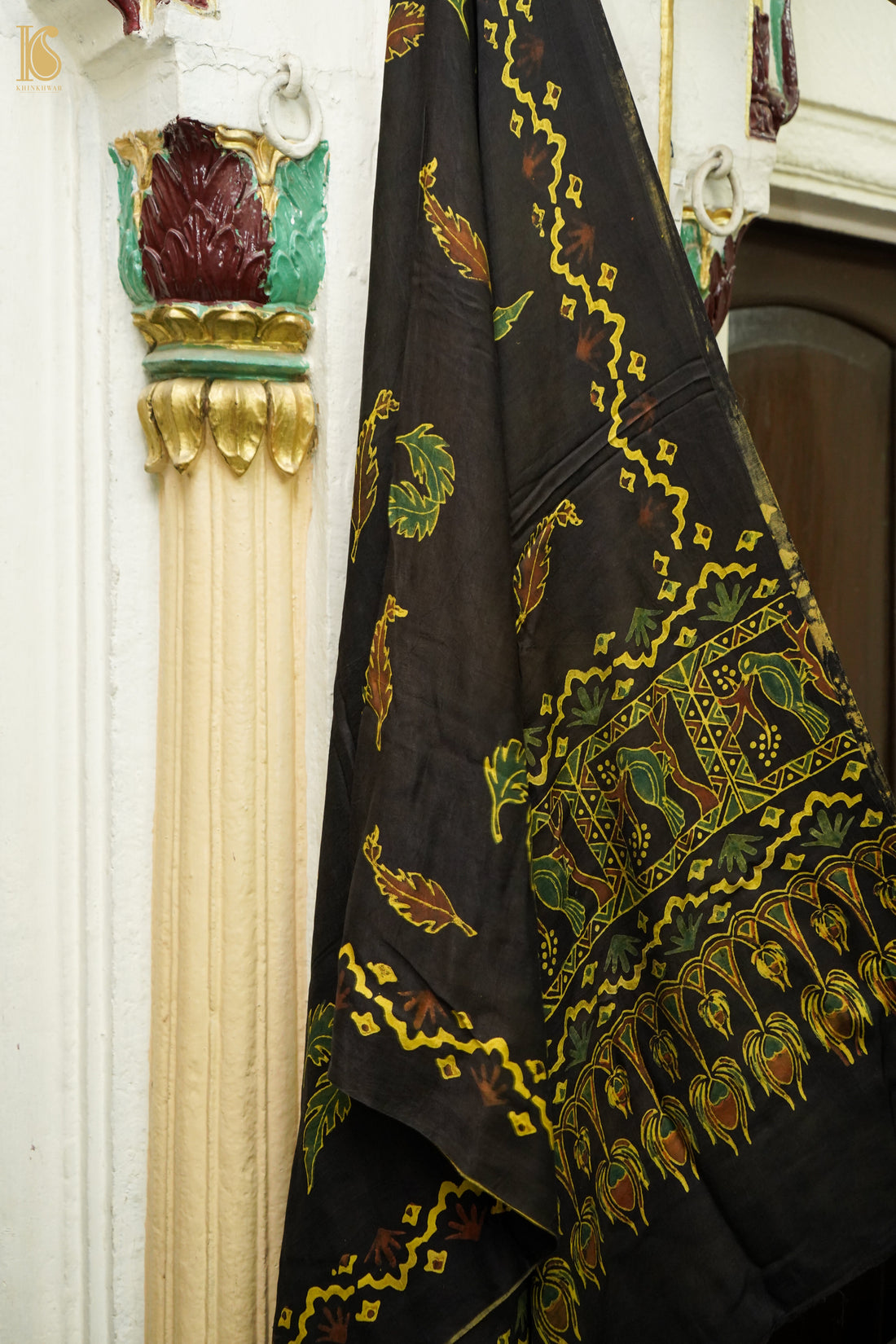 Gajji Silk Ajrakh Hand Block Peacock Feather Pakshi Dupatta in Black