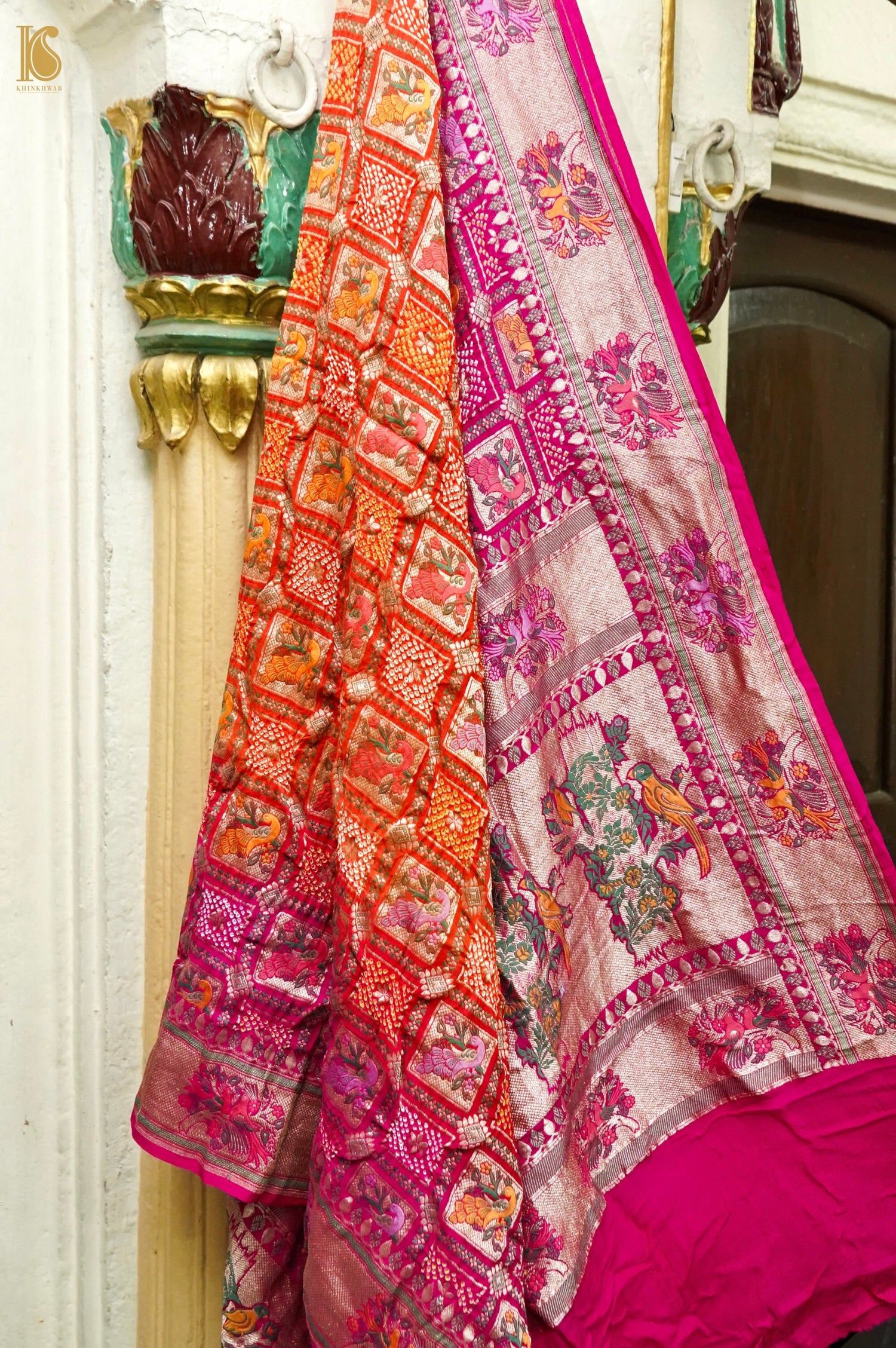 Georgette Banarasi Bandhani Bird Dupatta in Orange Magenta