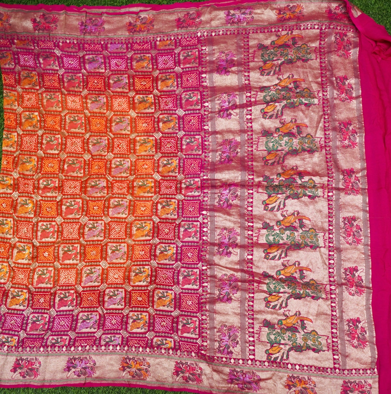 Georgette Banarasi Bandhani Bird Dupatta in Orange Magenta