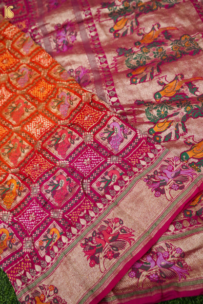 Georgette Banarasi Bandhani Bird Dupatta in Orange Magenta