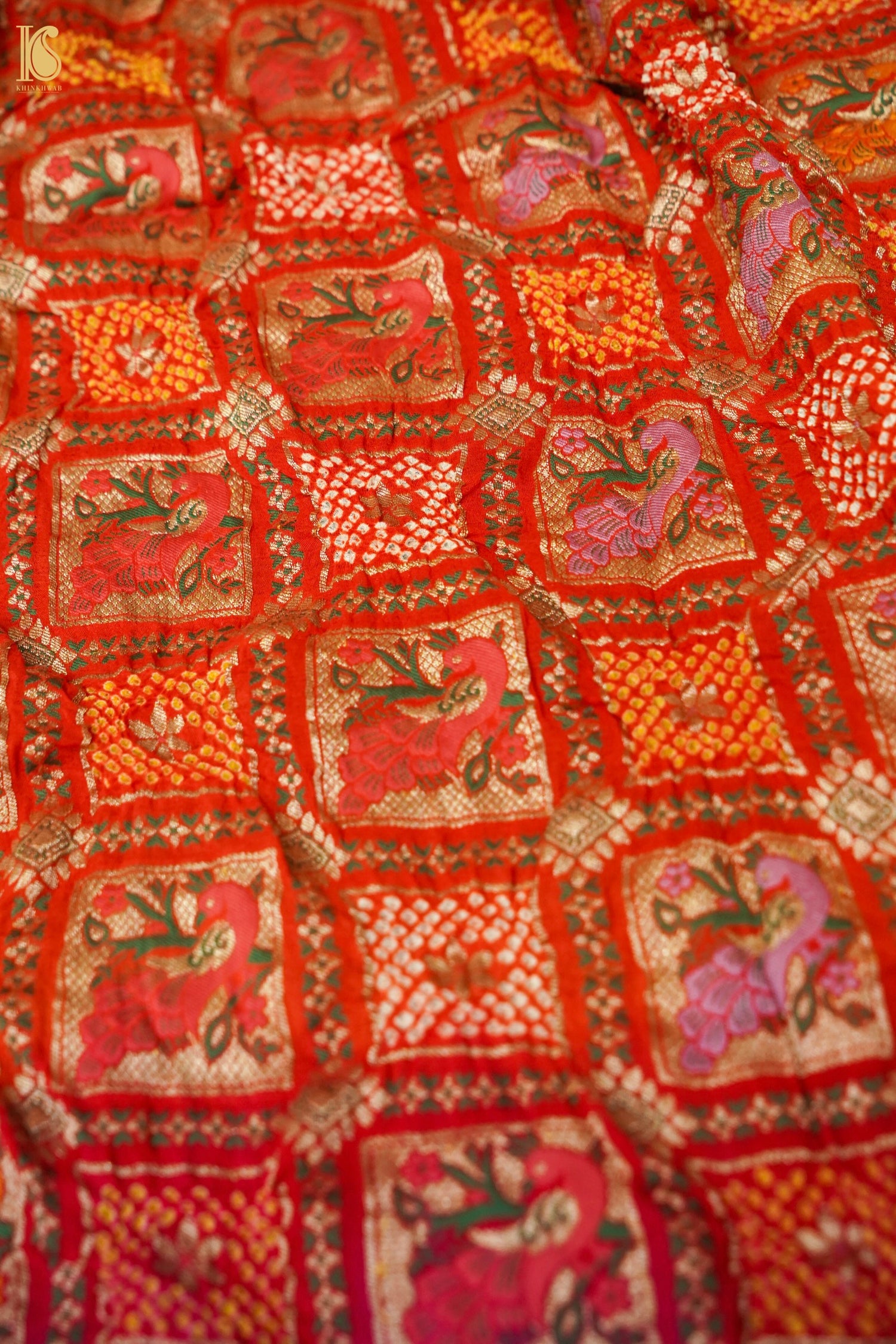 Georgette Banarasi Bandhani Bird Dupatta in Orange Magenta