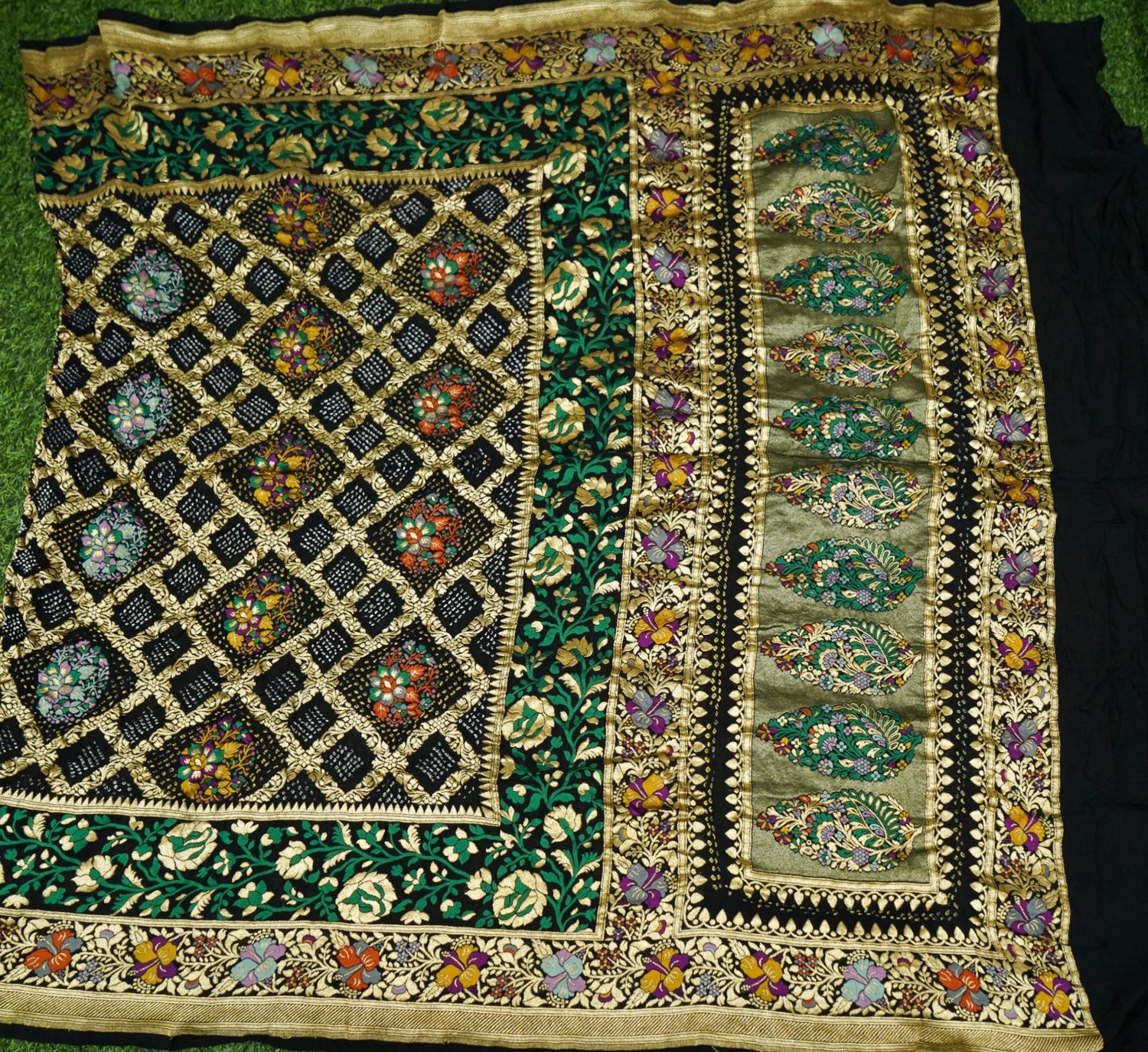 Georgette Banarasi Bandhani Floral Jaal Dupatta in Black
