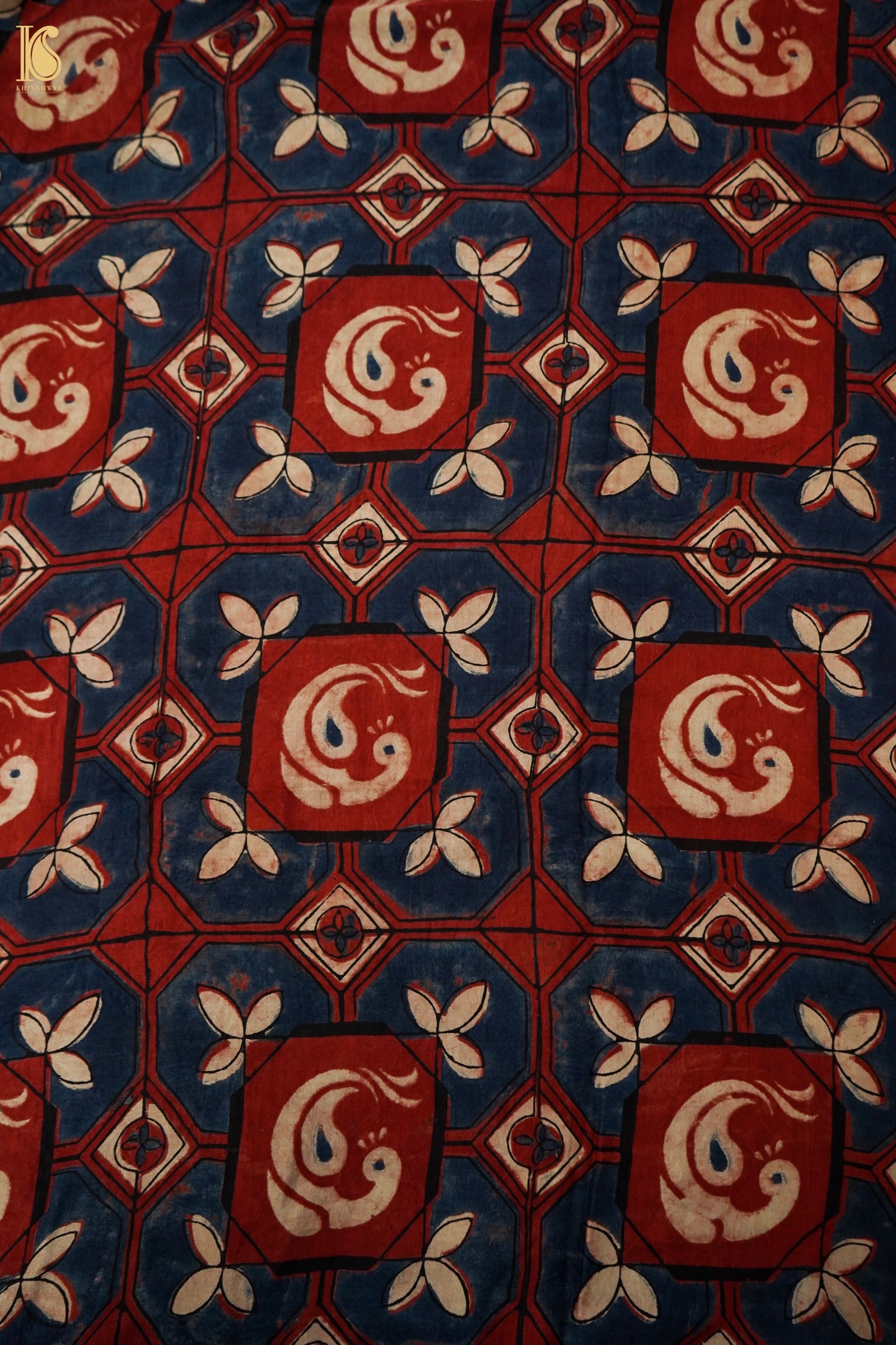 Gajji Silk Ajrakh Hand Block Octagon Kalgha Fabric in Indigo Rust