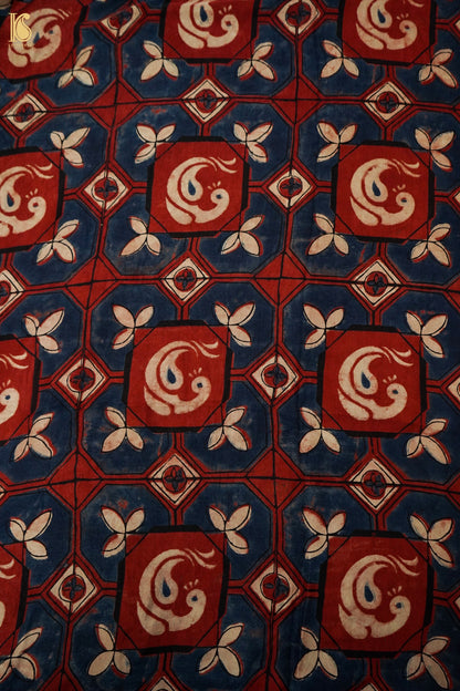 Gajji Silk Ajrakh Hand Block Octagon Kalgha Fabric in Indigo Rust