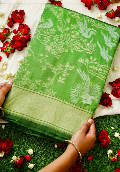 Handloom Pure Katan Silk Green Shikargah Banarasi Saree