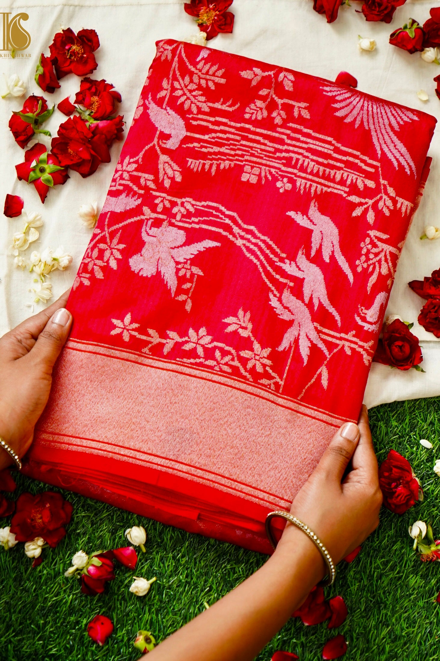 Handloom Pure Katan Silk Green Shikargah Banarasi Saree