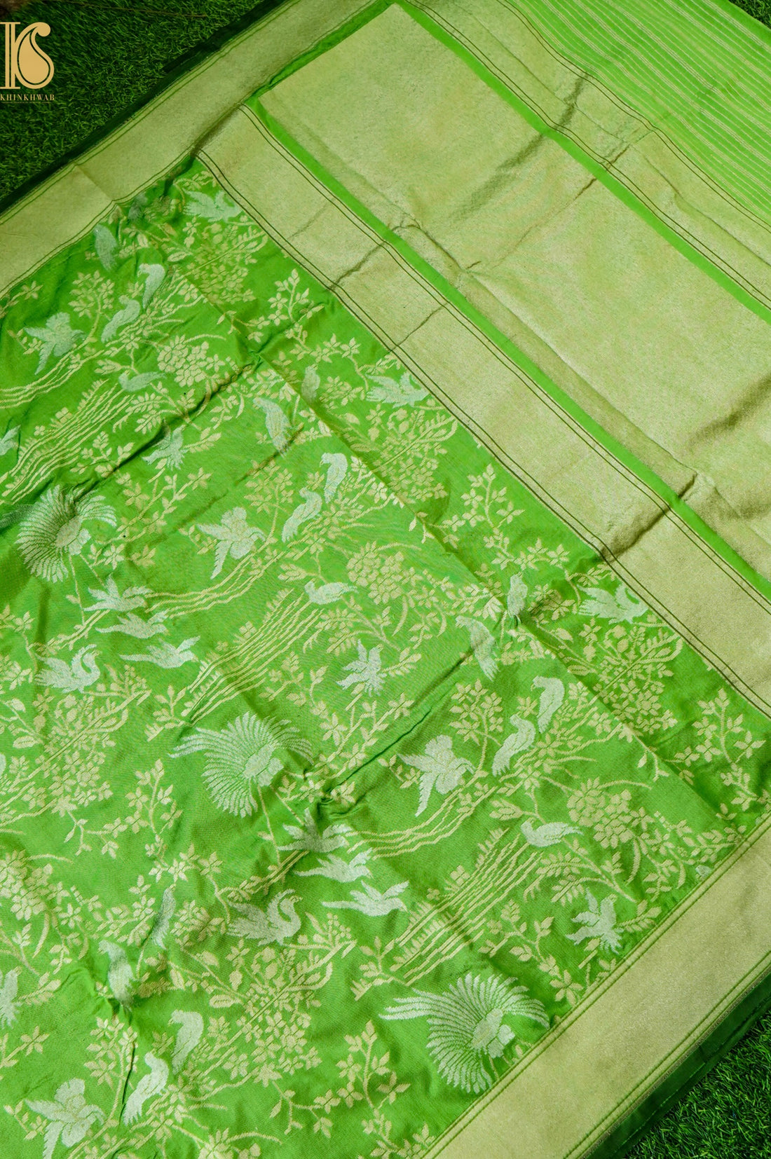 Handloom Pure Katan Silk Green Shikargah Banarasi Saree