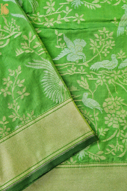 Handloom Pure Katan Silk Green Shikargah Banarasi Saree