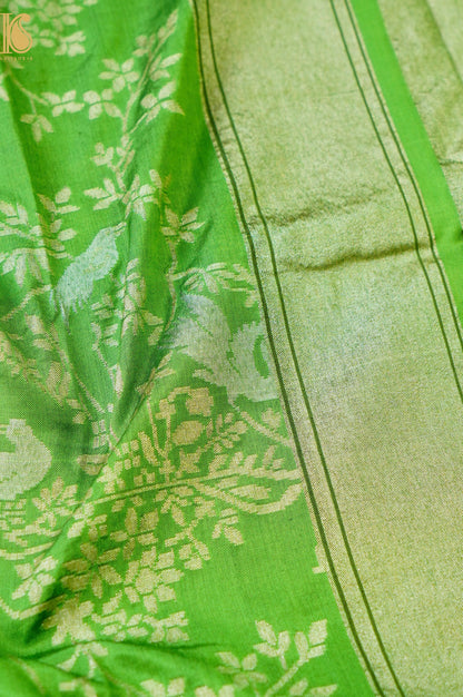 Handloom Pure Katan Silk Green Shikargah Banarasi Saree