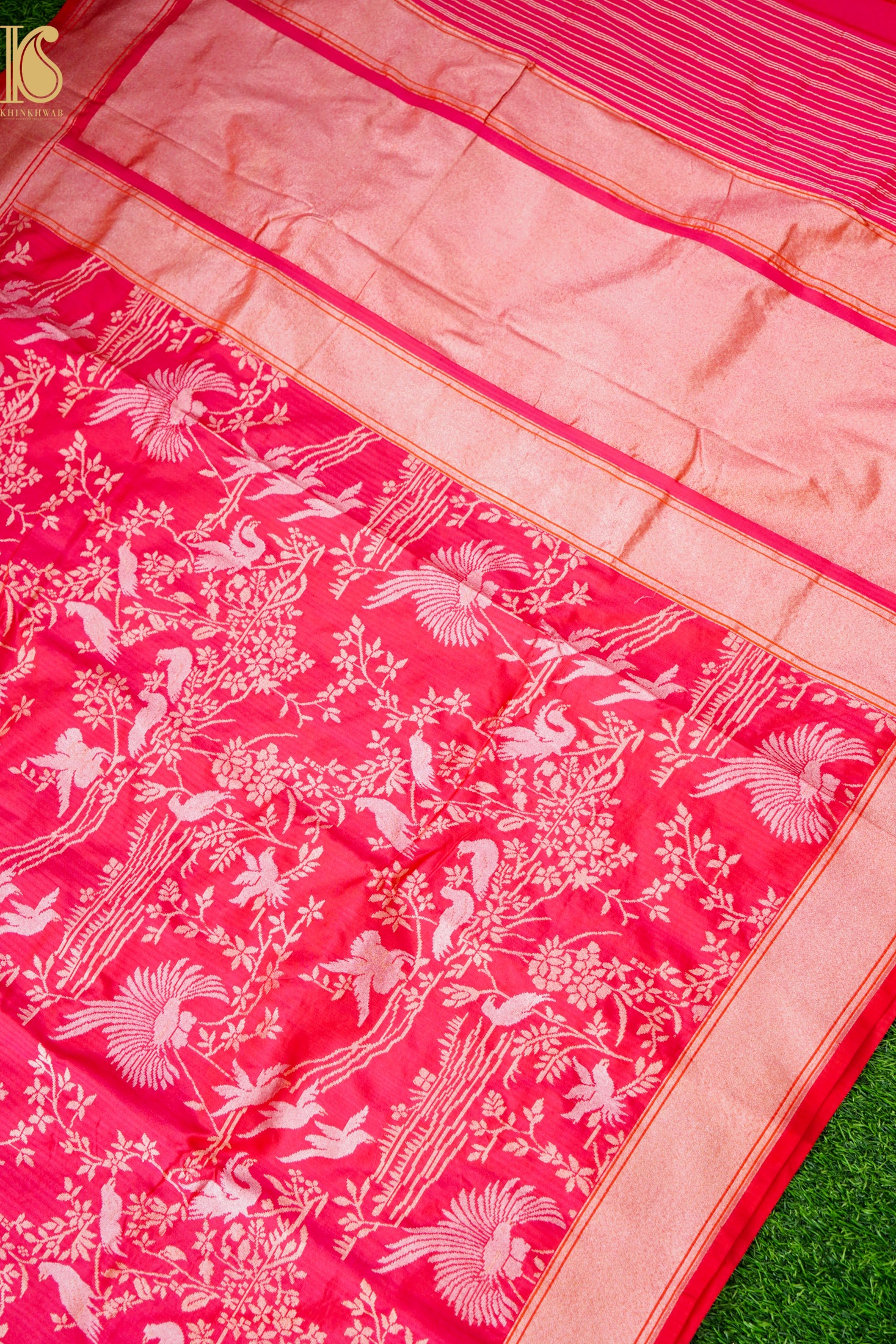 Handloom Pure Katan Silk Green Shikargah Banarasi Saree