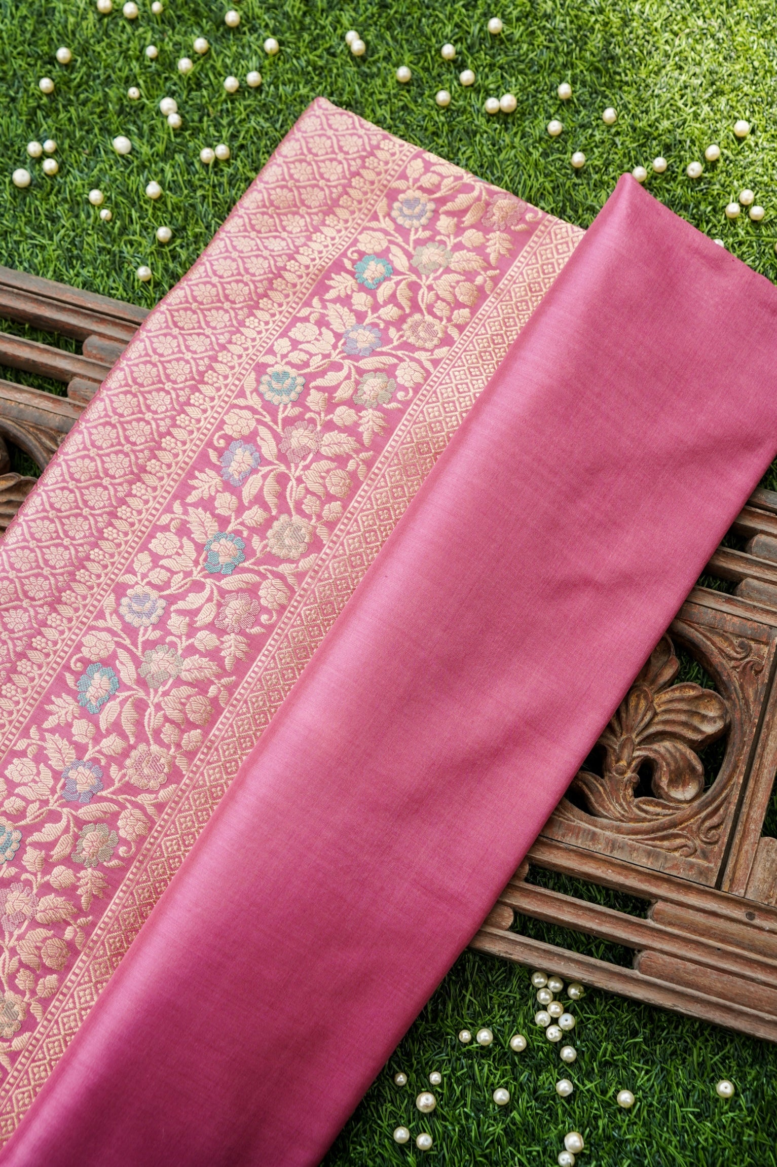 Pure Katan Silk Alfi Meenakari Phulwar Border Banarasi Saree in Mauve Pink