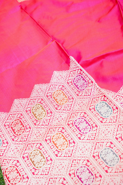 Pure Katan Silk Kadwa Meenakari Diamond Jaal Banarasi Saree in Hot Pink