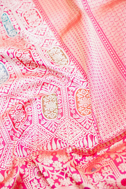 Pure Katan Silk Kadwa Meenakari Diamond Jaal Banarasi Saree in Hot Pink