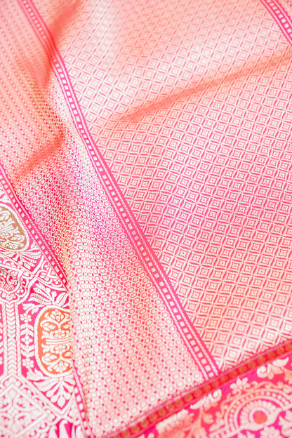 Pure Katan Silk Kadwa Meenakari Diamond Jaal Banarasi Saree in Hot Pink