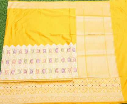 Pure Katan Silk Kadwa Meenakari Diamond Jaal Banarasi Saree in Bright Yellow