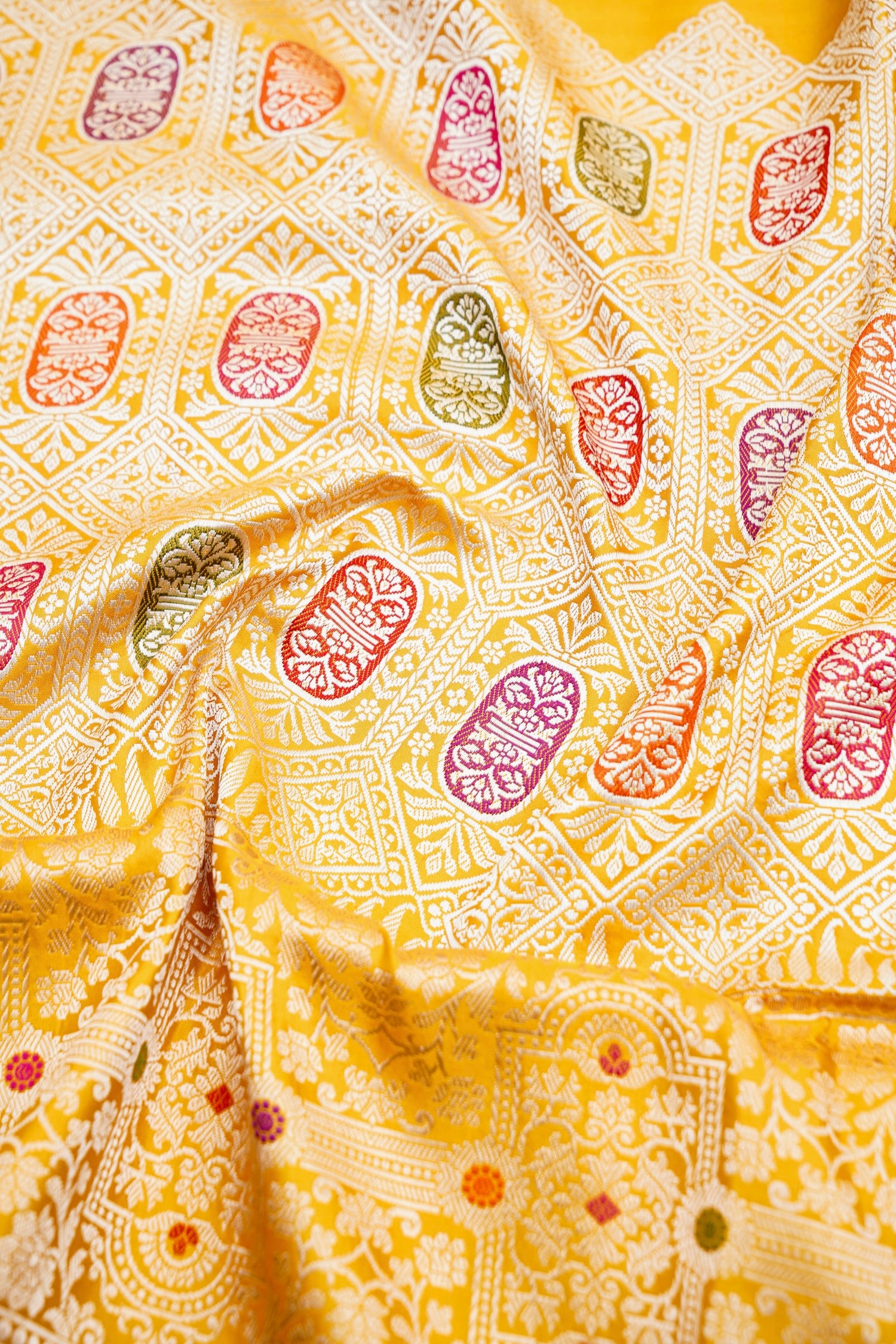 Pure Katan Silk Kadwa Meenakari Diamond Jaal Banarasi Saree in Bright Yellow