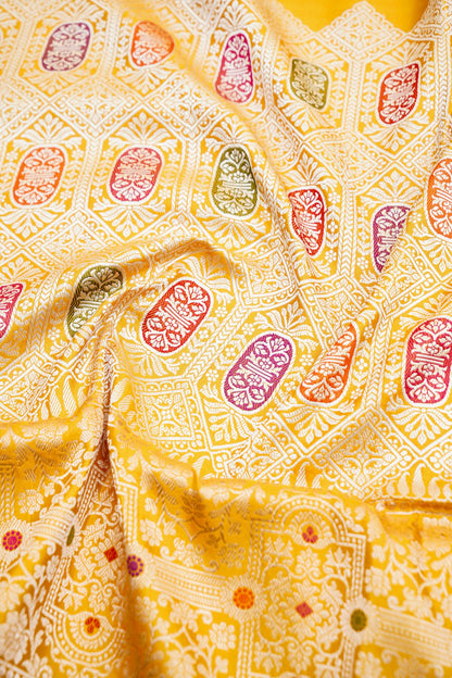 Pure Katan Silk Kadwa Meenakari Diamond Jaal Banarasi Saree in Bright Yellow
